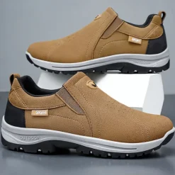 Men's Tan Slip-On Hiking Shoes - Lightweight Outdoor Walking Sneakers with Non-Slip Sole for Trekking and Daily Wear