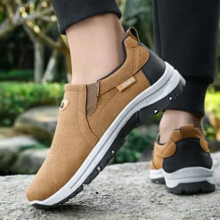 Men's Tan Slip-On Hiking Shoes - Lightweight Outdoor Walking Sneakers with Non-Slip Sole for Trekking and Daily Wear