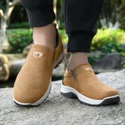 Men's Tan Slip-On Hiking Shoes - Lightweight Outdoor Walking Sneakers with Non-Slip Sole for Trekking and Daily Wear