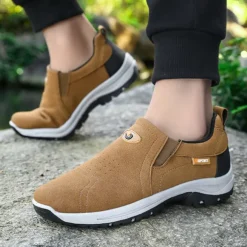Men's Tan Slip-On Hiking Shoes - Lightweight Outdoor Walking Sneakers with Non-Slip Sole for Trekking and Daily Wear