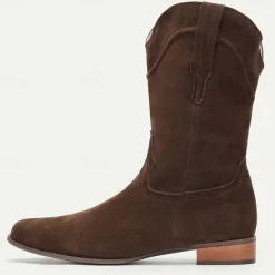 Men's Tan Suede Western Cowboy Boots - Classic Mid-Calf Design for Outdoor and Casual Wear