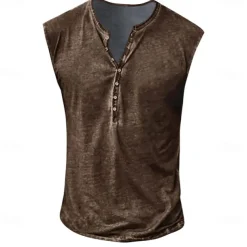 Men's Tank Top Henley Shirt Sleeveless Henley Summer Print Vintage Buttons Vacation Casual Black White Yellow Top Tee for Men