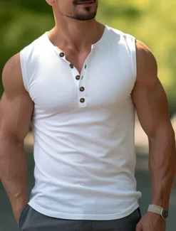 Men's Tank Top Henley Shirt Vest Top Undershirt Sleeveless Henley Summer Plain Fashion Designer Muscle Buttons Outdoor Going out Gym Black White Khaki Top Tee for Men