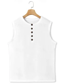 Men's Tank Top Henley Shirt Vest Top Undershirt Sleeveless Henley Summer Plain Fashion Designer Muscle Buttons Outdoor Going out Gym Black White Khaki Top Tee for Men