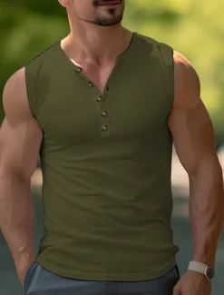 Men's Tank Top Henley Shirt Vest Top Undershirt Sleeveless Henley Summer Plain Fashion Designer Muscle Buttons Outdoor Going out Gym Black White Khaki Top Tee for Men