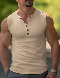 Men's Tank Top Henley Shirt Vest Top Undershirt Sleeveless Henley Summer Plain Fashion Designer Muscle Buttons Outdoor Going out Gym Black White Khaki Top Tee for Men