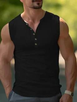 Men's Tank Top Henley Shirt Vest Top Undershirt Sleeveless Henley Summer Plain Fashion Designer Muscle Buttons Outdoor Going out Gym Black White Khaki Top Tee for Men