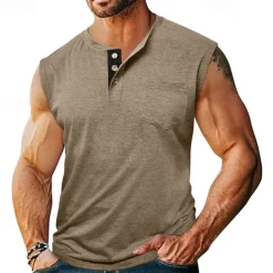 Men's Tank Top Henley Shirt Vest Top Undershirt Sleeveless Henley Summer Plain Fashion Designer Muscle Buttons Outdoor Street Going out Black White Khaki Top Tee for Men