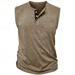 Men's Tank Top Henley Shirt Vest Top Undershirt Sleeveless Henley Summer Plain Fashion Designer Muscle Buttons Outdoor Street Going out Black White Khaki Top Tee for Men