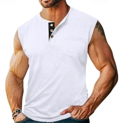 Men's Tank Top Henley Shirt Vest Top Undershirt Sleeveless Henley Summer Plain Fashion Designer Muscle Buttons Outdoor Street Going out Black White Khaki Top Tee for Men