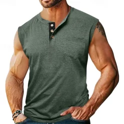 Men's Tank Top Henley Shirt Vest Top Undershirt Sleeveless Henley Summer Plain Fashion Designer Muscle Buttons Outdoor Street Going out Black White Khaki Top Tee for Men