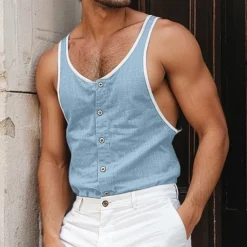 Men's Tank Top Undershirt Sleeveless Shirt Sleeveless U Neck Summer Plain Fashion Designer Muscle Patchwork Button-Down Outdoor Going out Gym Black Navy Blue Brown Top Tee for Men