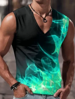 Men's Tank Top Vest Top Sleeveless T Shirt for Men Graphic Color Block Flame V Neck Clothing Apparel 3D Print Sports Running Sleeveless 3D Print Designer Casual Muscle