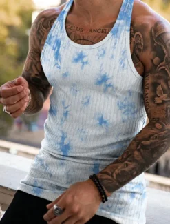 Men's Tank Top Vest Top Undershirt Sleeveless Shirt Sleeveless Crew Neck Summer Tie Dye Pit Strip Fashion Designer Muscle Knitted Outdoor Going out Gym Black White Blue Top Tee for Men