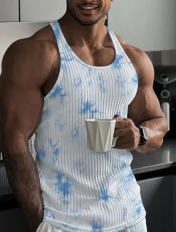 Men's Tank Top Vest Top Undershirt Sleeveless Shirt Sleeveless Crew Neck Summer Tie Dye Pit Strip Fashion Designer Muscle Knitted Outdoor Going out Gym Black White Blue Top Tee for Men