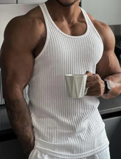 Men's Tank Top Vest Top Undershirt Sleeveless Shirt Sleeveless U Neck Summer Spring Striped Fashion Streetwear Sport Indoor Casual Daily Black White Dark Navy Top Tee for Men