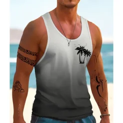 Men's Tank Top Vest Top Undershirt Sleeveless Shirt Sleeveless Crew Neck Summer Gradient Coconut Tree Fashion Designer Basic Print Vacation Street Going out Blue Orange Dark Blue Top Tee for Men