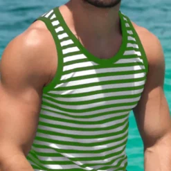 Men's Tank Top Vest Top Undershirt Sleeveless Shirt Sleeveless Crew Neck Summer Striped Fashion Streetwear Athleisure Print Vacation Athleisure Going out Red Blue Green Top Tee for Men