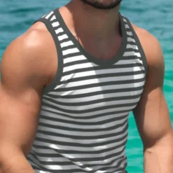 Men's Tank Top Vest Top Undershirt Sleeveless Shirt Sleeveless Crew Neck Summer Striped Fashion Streetwear Athleisure Print Vacation Athleisure Going out Red Blue Green Top Tee for Men