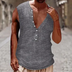 Men's Tank Top Vest Top Undershirt Sleeveless Shirt Sleeveless Henley Summer Plain Vintage Fashion Designer Buttons Vacation Street Going out Black White Brown Top Tee for Men