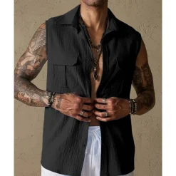 Men's Tank Top Vest Top Undershirt Sleeveless Shirt Sleeveless Lapel Summer Plain Fashion Designer Basic Buttons Pocket Vacation Street Casual Daily Black Green Beige Top Tee for Men