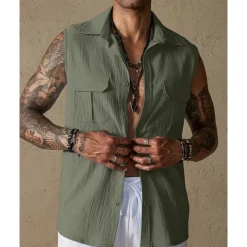 Men's Tank Top Vest Top Undershirt Sleeveless Shirt Sleeveless Lapel Summer Plain Fashion Designer Basic Buttons Pocket Vacation Street Casual Daily Black Green Beige Top Tee for Men