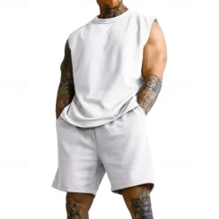 Men's Tank T-shirt Suits Undershirt 2 Pieces Outfits Short Sleeve Crewneck Summer Plain Fashion Casual 2 Piece Vacation Daily Wear Going out Black White Red Top Tee for Men