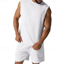 Men's Tank T-shirt Suits Undershirt 2 Pieces Outfits Short Sleeve Crewneck Summer Plain Fashion Casual 2 Piece Vacation Daily Wear Going out Black White Red Top Tee for Men