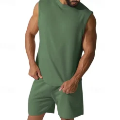 Men's Tank T-shirt Suits Undershirt 2 Pieces Outfits Short Sleeve Crewneck Summer Plain Fashion Casual 2 Piece Vacation Daily Wear Going out Black White Red Top Tee for Men