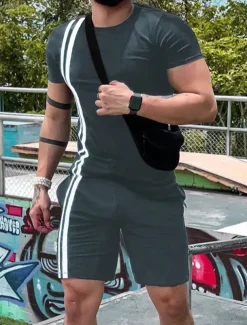 Men's Tee & Drawstring Waist Shorts 2 Pieces Outfits Short Sleeve Crewneck Summer Color Block Striped Fashion Sport Casual 2 Piece Vacation Casual Daily Wear Black Wine Green Top Tee for Men