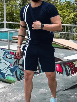 Men's Tee & Drawstring Waist Shorts 2 Pieces Outfits Short Sleeve Crewneck Summer Color Block Striped Fashion Sport Casual 2 Piece Vacation Casual Daily Wear Black Wine Green Top Tee for Men