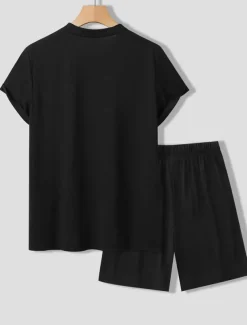 Men's Tee & Drawstring Waist Shorts 2 Pieces Outfits Short Sleeve Crewneck Summer Color Block Striped Fashion Sport Casual 2 Piece Vacation Casual Daily Wear Black Wine Green Top Tee for Men