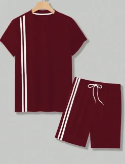 Men's Tee & Drawstring Waist Shorts 2 Pieces Outfits Short Sleeve Crewneck Summer Color Block Striped Fashion Sport Casual 2 Piece Vacation Casual Daily Wear Black Wine Green Top Tee for Men