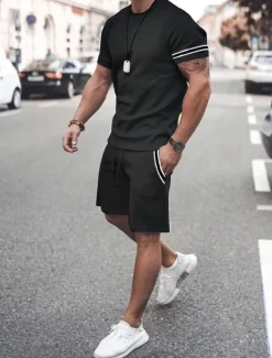 Men's Tee & Drawstring Waist Shorts 2 Pieces Outfits Short Sleeves Crewneck Summer Striped Fashion Sport Casual 2 Piece Striped Trim Vacation Daily Wear Activewear Black Pink Khaki Top Tee for Men