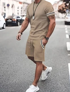 Men's Tee & Drawstring Waist Shorts 2 Pieces Outfits Short Sleeves Crewneck Summer Striped Fashion Sport Casual 2 Piece Striped Trim Vacation Daily Wear Activewear Black Pink Khaki Top Tee for Men
