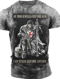 Men's Templar Cross Soldier T shirt Graphic Tee Slogan T Shirts Distressed T Shirt Short Sleeve T shirt 3D Print Crew Neck Shirt Vintage Fashion Designer Outdoor Casual Daily Red Blue Brown Summer