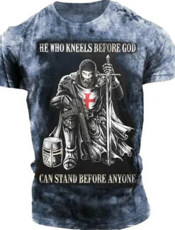 Men's Templar Cross Soldier T shirt Graphic Tee Slogan T Shirts Distressed T Shirt Short Sleeve T shirt 3D Print Crew Neck Shirt Vintage Fashion Designer Outdoor Casual Daily Red Blue Brown Summer