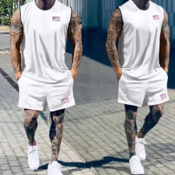 Men's Tennis Shirt Shorts and T Shirt Set Casual Sleeveless Suit Sleeveless Crew Neck Summer Color Block Gymnatics Casual 2 Piece Vacation Daily Wear Activewear Black White Green Top Tee for Men