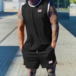 Men's Tennis Shirt Shorts and T Shirt Set Casual Sleeveless Suit Sleeveless Crew Neck Summer Color Block Gymnatics Casual 2 Piece Vacation Daily Wear Activewear Black White Green Top Tee for Men