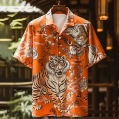 Men's Tiger Button Up Shirt Printed Shirts Short Sleeve Subcultural Party Street Holiday Summer Turndown Pocket Print Button-Down Blue Orange Green