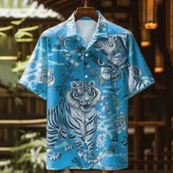 Men's Tiger Button Up Shirt Printed Shirts Short Sleeve Subcultural Party Street Holiday Summer Turndown Pocket Print Button-Down Blue Orange Green