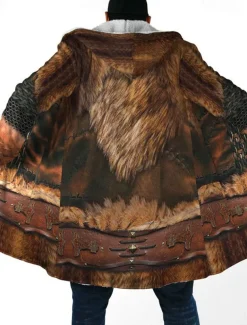 Men's Totem Winter Coat Fleece Jacket Coat Warm Breathable Comfortable Vintage Abstract Sports & Outdoor Daily Wear Going out Zipper Pocket Print Fall & Winter Hoodie Long Sleeve Brown