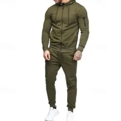 Men's Tracksuit 2 Piece Casual Fall Long Sleeve Breathable Soft Fitness Gym Workout Running Sportswear Activewear Solid Colored Dark Grey Black Army Green