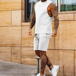 Men's Tracksuit Jogging Suit 2 Piece Casual Sleeveless Breathable Soft Fitness Gym Workout Running Sportswear Activewear Solid Colored Black White Green