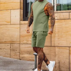 Men's Tracksuit Jogging Suit 2 Piece Casual Sleeveless Breathable Soft Fitness Gym Workout Running Sportswear Activewear Solid Colored Black White Green