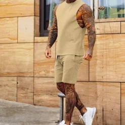 Men's Tracksuit Jogging Suit 2 Piece Casual Sleeveless Breathable Soft Fitness Gym Workout Running Sportswear Activewear Solid Colored Black White Green