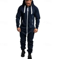 Men's Tracksuit Jumpsuit Full Zip One-piece Casual Fall Long Sleeve Thermal Warm Soft Fitness Gym Workout Running Sportswear Activewear Color Block Dark Grey Navy Black