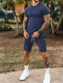 Men's Tracksuit Outfit Set Shorts Crew Neck Outdoor Daily Sports Pocket Drawstring 2 Piece Stripes Royal Blue Khaki Light Grey Polyester Activewear Classic Casual Summer