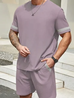 Men's Tracksuit Outfit Set Shorts Crew Neck Outdoor Daily Sports Pocket Drawstring 2 Piece Color Block Striped Black Purple Khaki Polyester Activewear Classic Casual Summer