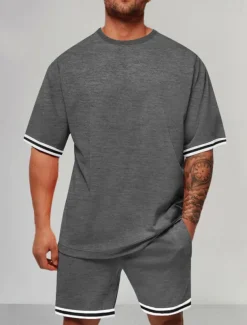 Men's Tracksuit Outfit Set Shorts Crew Neck Outdoor Daily Sports Pocket Drawstring 2 Piece Color Block Striped Black Red Navy Blue Polyester Activewear Classic Casual Summer